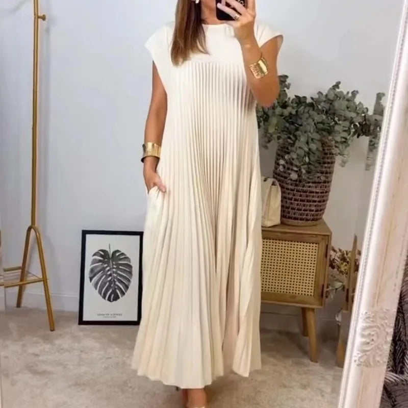 Women's Elegant And Fashionable Round Neck Sleeveless Pleated Long Dress In Solid Color Beige With Pockets, Oversized Long Skirt - Seprincess