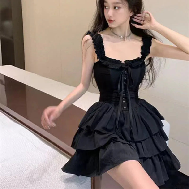 Gothic Black Sexy Slip Dress Y2K Harajuku Streetwear Punk Lace Up Cake Dress Female Summer Korean Fashion Party Ruffles Dresses - Seprincess