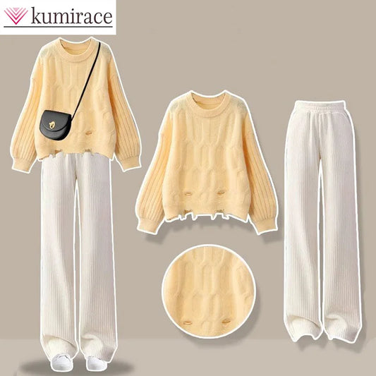 Korean Version 2024 Autumn New Female Student Set Women's Knitted Sweater Apricot Wide Leg Pants Women's Two Piece Setwomen Pant - Seprincess