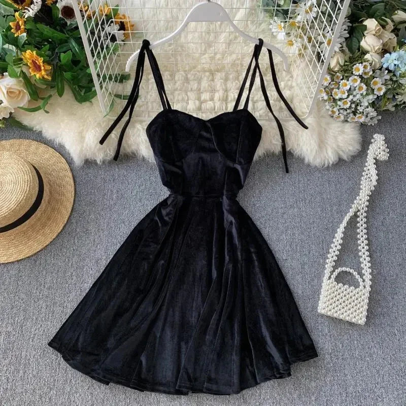 Women's Mini Party Dress French Retro Black Red Sling Velvet Dress New Waist Female Sexy Short Dresses HH193 - Seprincess