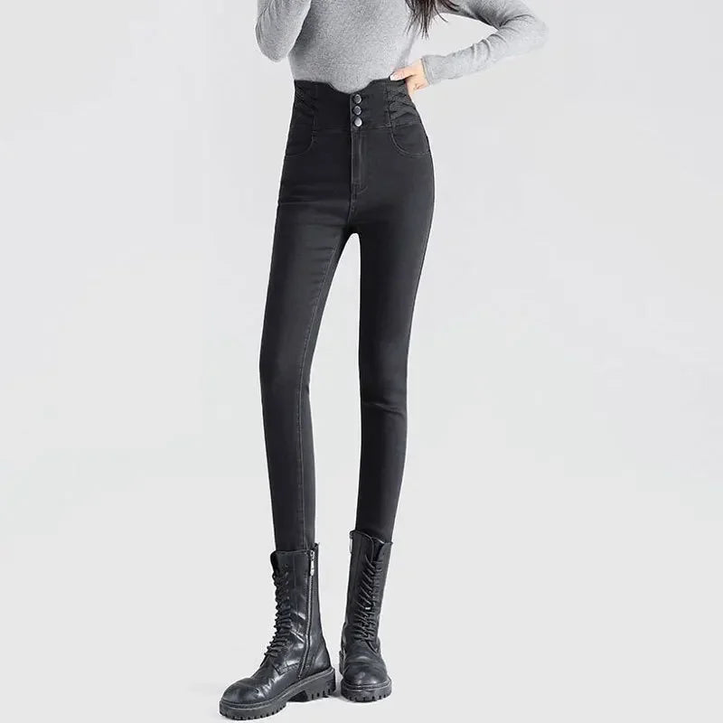 High-Waisted Slimming Jeans For Women - Elastic Waist And Slim Fit Design New Charcoal Grey Mid Waist Tightening Pants