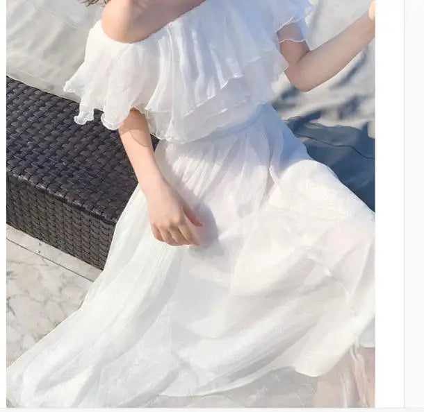 Women's Summer Beach Style Chiffon White Long Dress Lady Graceful Fairy Layers Ruffles Off-Shoulder Dresses Evening Party Gown - Seprincess