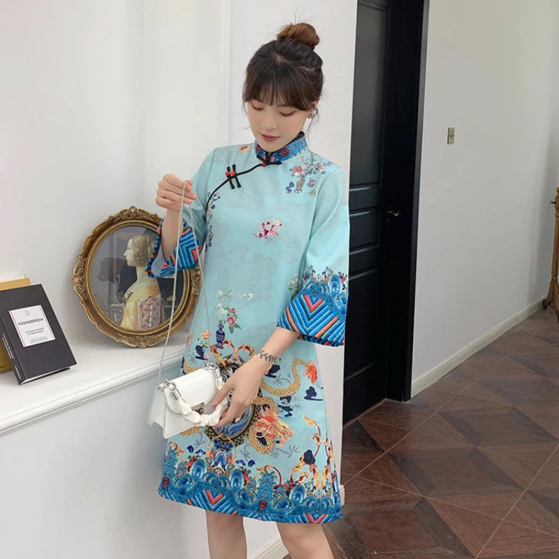 Red Blue Loose 2024 New Fashion Modern Chinese Cheongsam A-line Dress Women 3/4 Sleeve Qipao Traditional Chinese Clothes - Seprincess