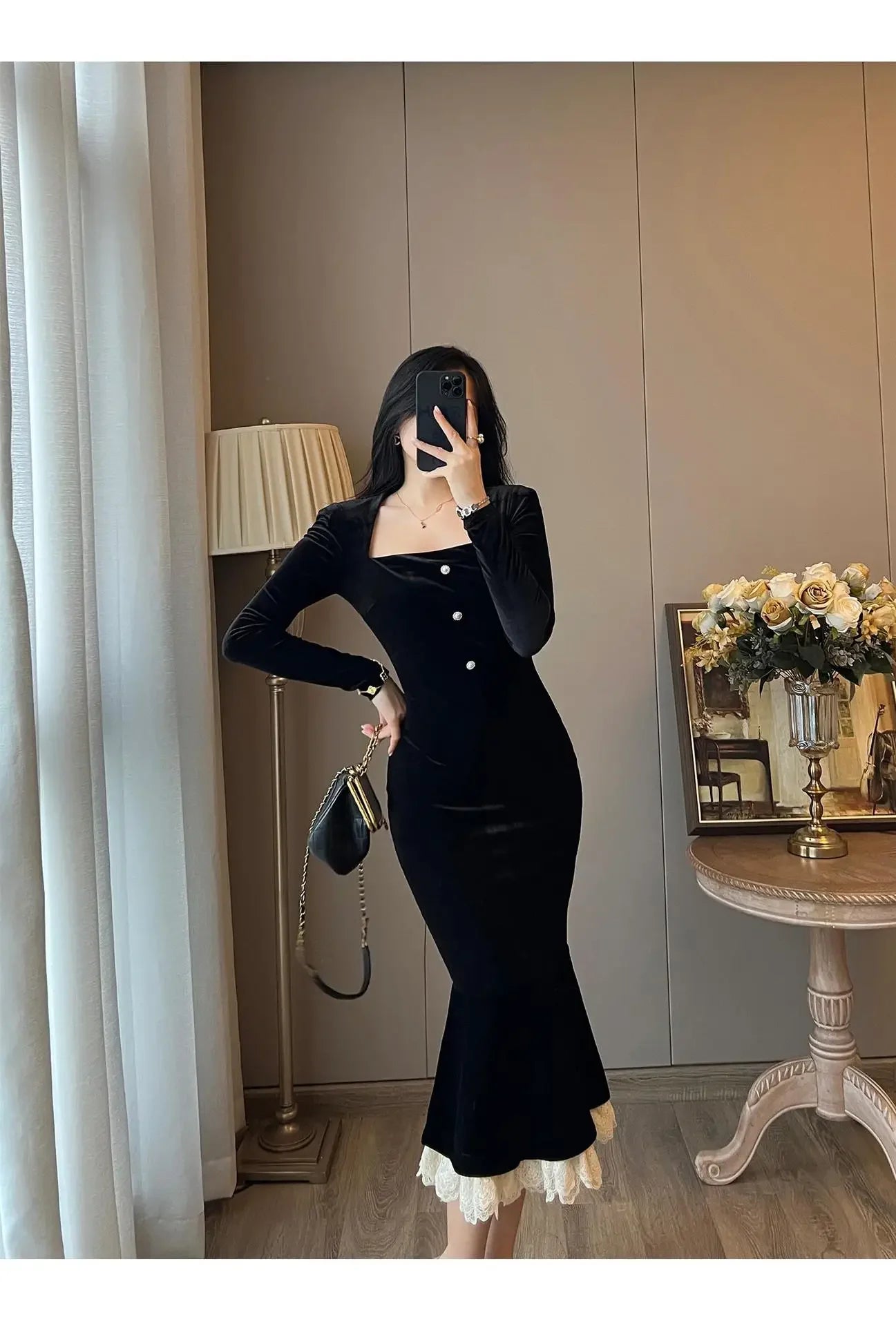 Elegant French Haban Style Fish Tail Skirt Spring Autumn Soft High Class Square Collar Long Sleeve Black Velvet Long Dress - Seprincess