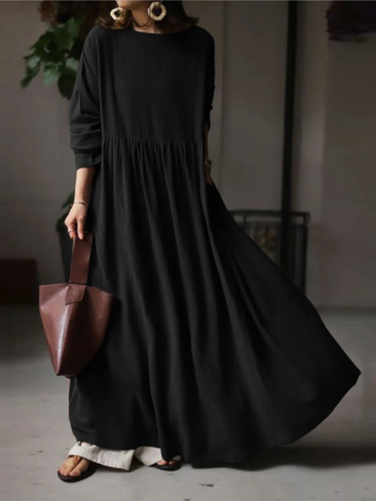 Autumn Women Sundress ZANZEA 2023 Vintage Solid Dresses Female Cotton Robe Casual Long Sleeve Pleated Maxi Vestidos Kaftan - Seprincess