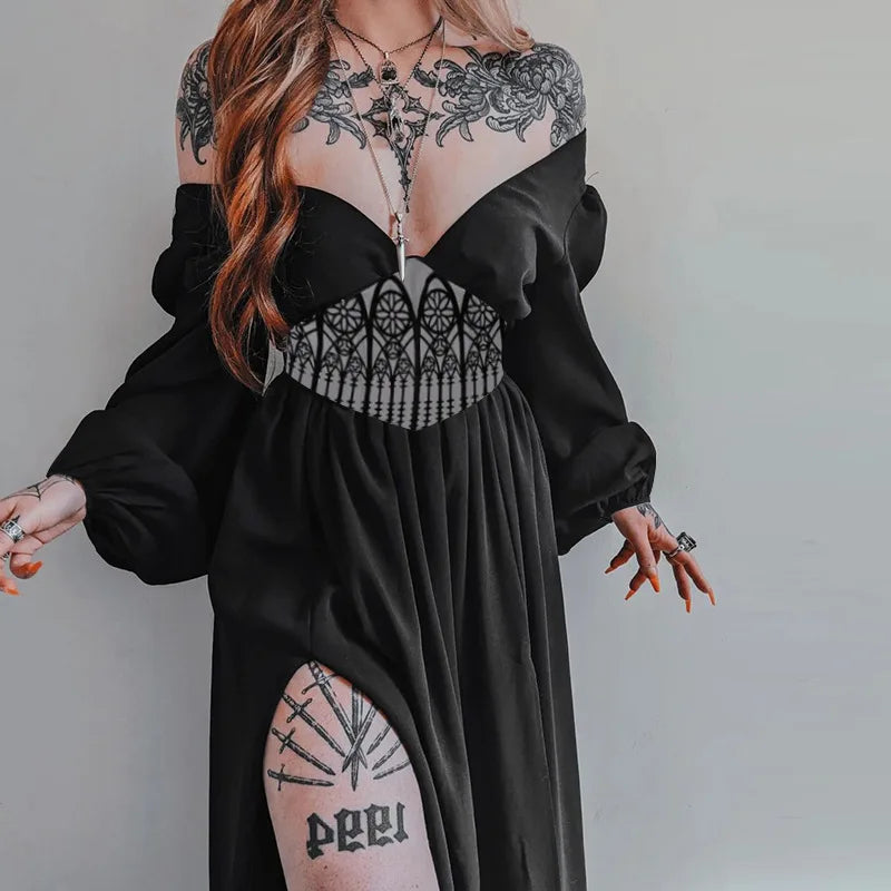 Fashion Hipster Slim Print Waist Big V-neck Dress Woman Halloween Party Black Dress Mysterious Witch Renaissance Daily Cosplay - Seprincess