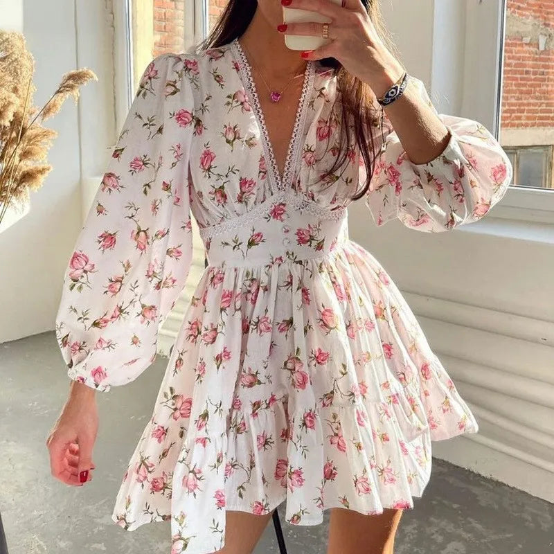 Women's Elegant Midi Vacation 2024 Summer Women's New Style Temperament Sweet Fashion Print V-neck Lace Edge Short Dress - Seprincess