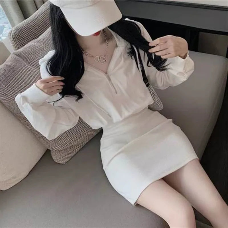 Sexy Slim Female Dress 2022 Summer New Solid Puff Long Sleeve Short Hooded Sweater Skirt High Waist Bag Hip Women Dresses - Seprincess