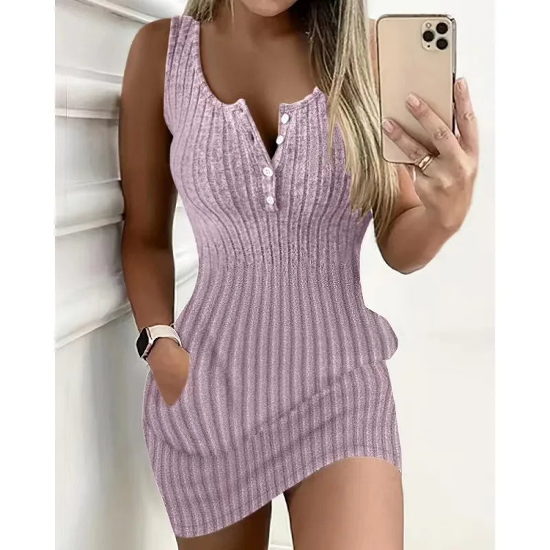 Bodycon Dress Woman Clothes Fashion Summer 2024 Buttoned Pocket Design Ribbed Dresses Pullover Sleeveless Short Skirt for Female - Seprincess