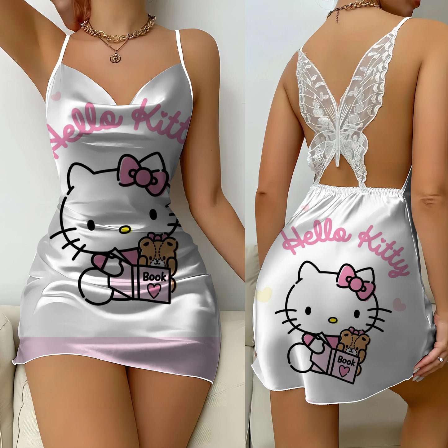 Mini Dress Pajama Skirt Hello Kitty Sexy Dresses Off Shoulder Bow Knot Satin Surface Womens Fashion Summer 2024 Short Party Lace - Seprincess