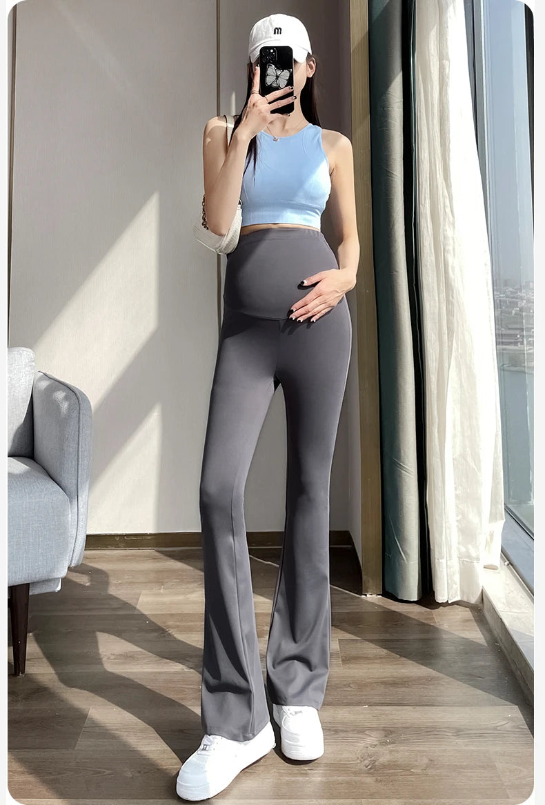 Spring Autumn Maternity Flare Pants Thin Summer Belly Trousers High Waist Pregnant Womens Shark Skin Leggings Pregnancy Boot Cut