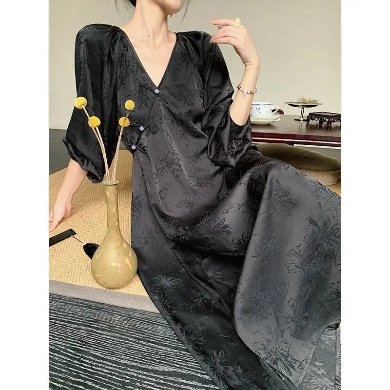 2024 new chinese style women cheongsam dress V-neck long sleeved dress for women  autumn lady graceful sexy cheongsam dress - Seprincess