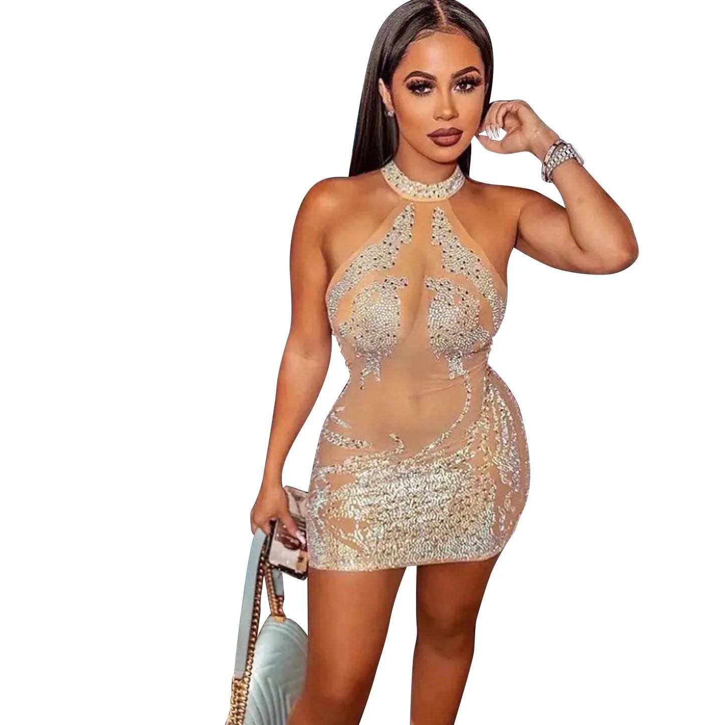 Sexy Mesh Rhinestone Short Prom Evening Mini Dress See Through Outfits Luxury For Women Night Club Party Diamond Bodycon Dresses - Seprincess