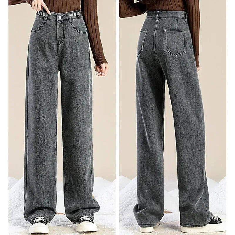 Winter Warm Jeans Women Loose Thick Plus Velvet High Waist Wide Leg Jeans Pant Casual Straight Fleece Denim Trousers