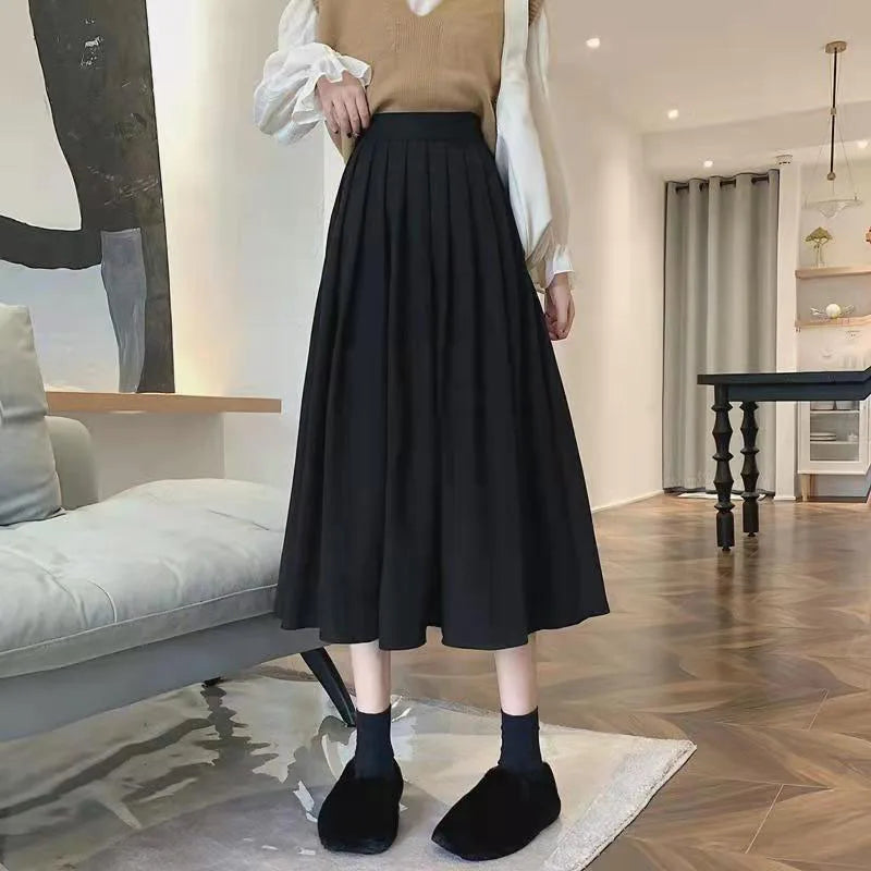 Lucyever Vintage Brown High Waist Pleated Skirt Women Korean Fashion College Style Long Skirt Ladies Autumn Casual A line Skirts - Seprincess