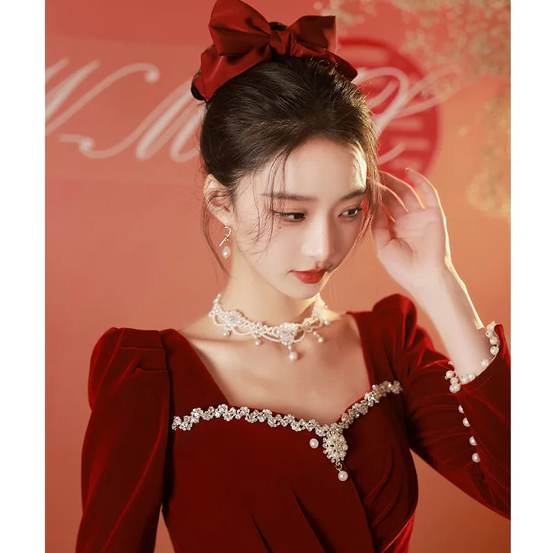 Burgundy Velvet Prom Dresses Square Collar Long Sleeve Pearl Crystal Long Engagement Dress Plus Size Female Formale Gowns - Seprincess