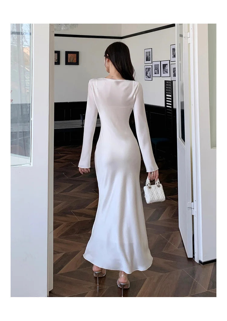 Autumn Solid Satin Long Dresses Women Wedding Evening Party Dress with Camisole Prom Robe V-Neck Long Sleeves Mermaid Vestidos - Seprincess