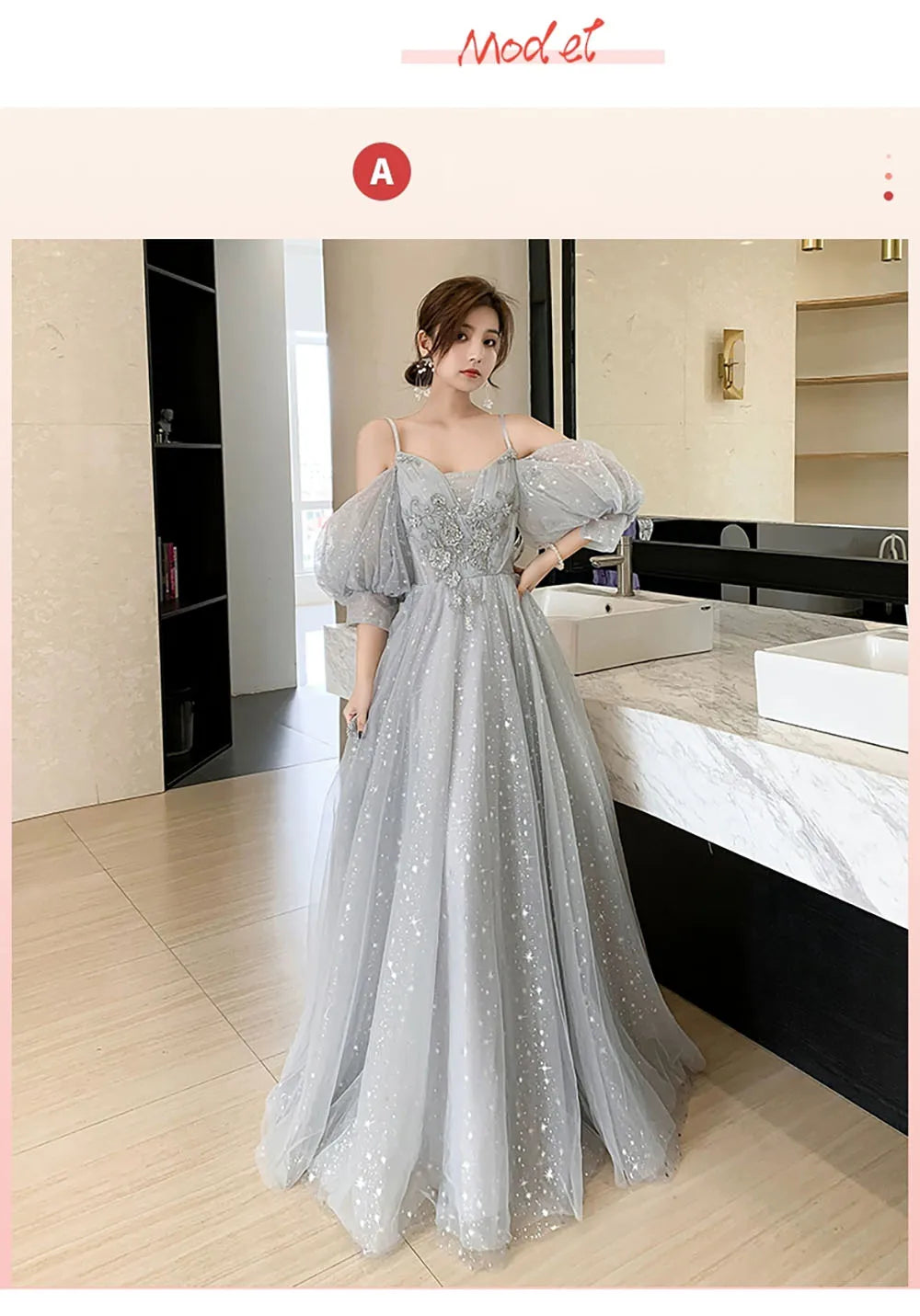 Bridesmaid Dress Women Lantern Sleeve Sequin Tulle Party Dresses Fairy Stage Performance Elegant Ladies Banquet Evening Gown - Seprincess