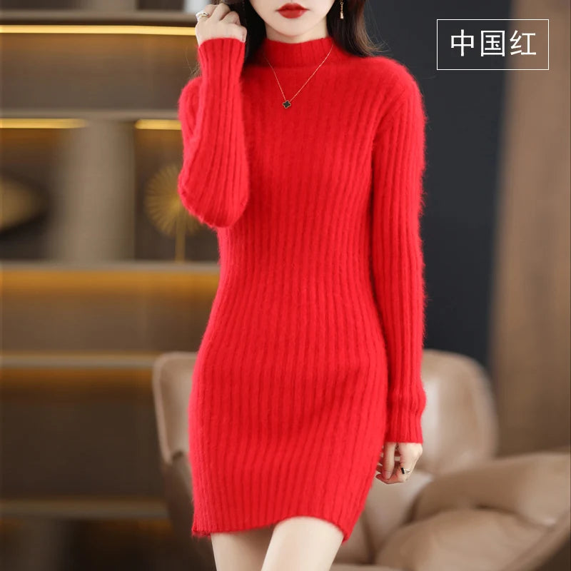 Women's High Collar Winter Warm Long Sleeve Solid Mink Cashmere Korean Version Loose Luxury Soft Cashmere Knitted Fit Dress - Seprincess