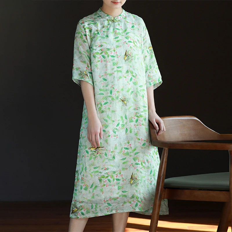 New Chinese Style Lady Cheongsam Qipao Summer Ethnic Elegant Floral Ramie Long Dress Standing Collar Retro Improved Qipao - Seprincess