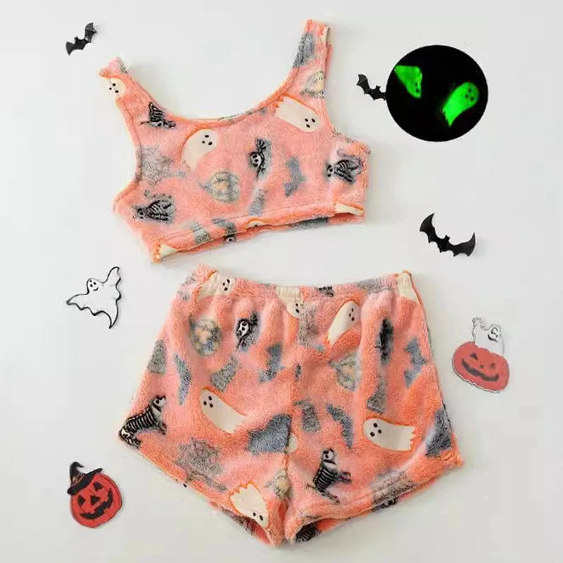 Halloween Party Women's Pajamas Set Ghost Luminous Pumpkin Printed Flannel Soft Warm Sling+shorts Pajamas Set S-XL - Seprincess