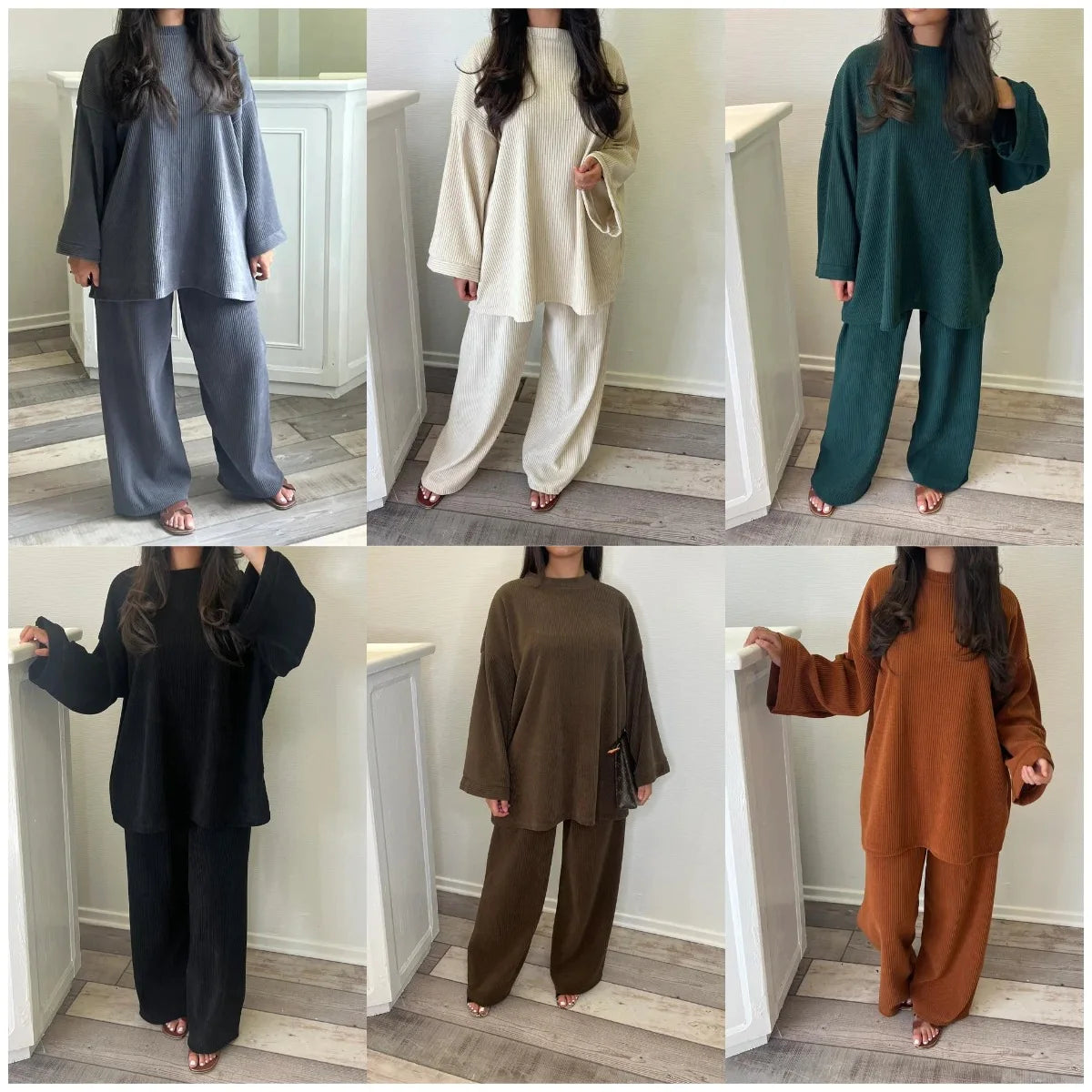 Autumn Winter Solid Color Corduroy Pants Sets Women Loose Long Sleeve Wide Legs Trousers Two Piece Set Female Commuting Clothing - Seprincess