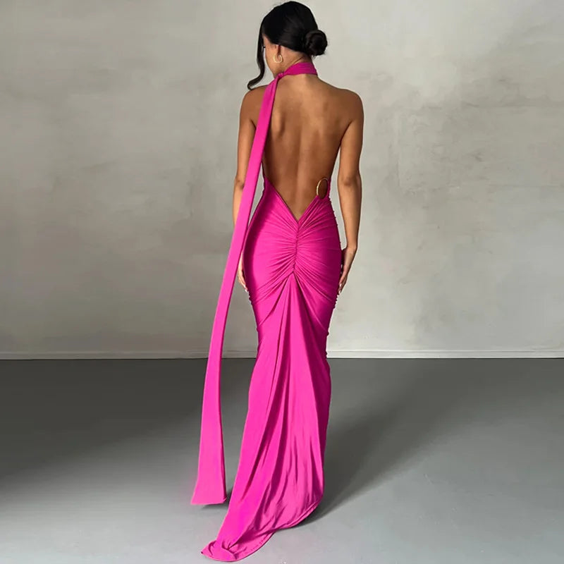 Womens Elegant Evening Party Cocktail Long Dress Sexy Backless Open Back Ruched Slim Bodycon Formal Wedding Guest Maxi Dress