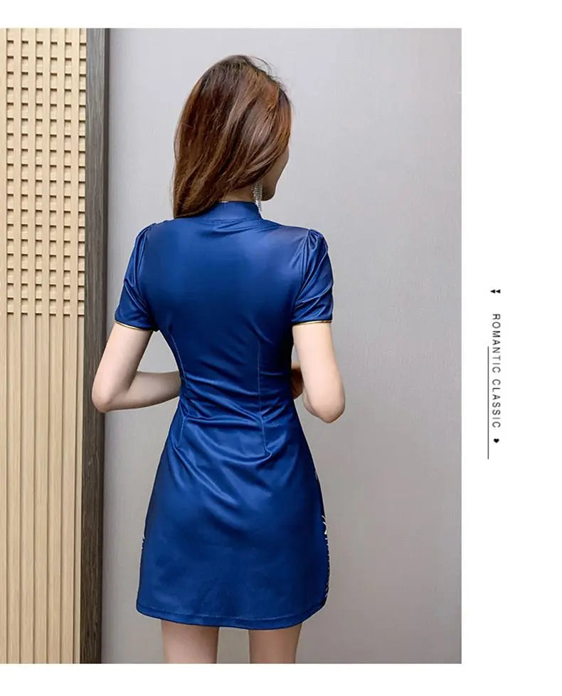 Women Chinese Style Retro Improved Temperament Printing Cheongsam Modern Dress Blue Chinese Qipao Dresses for Women - Seprincess