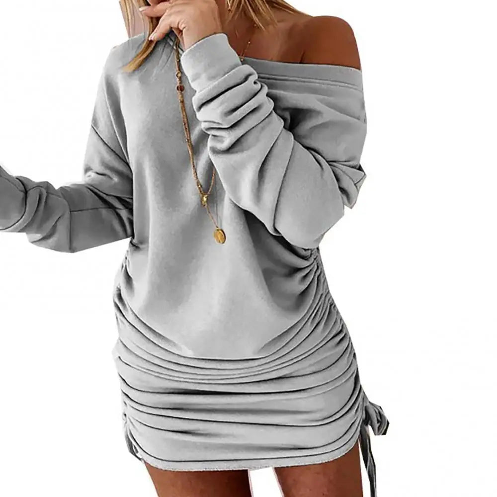 Off Shoulder Ruffled Drawstring Sexy Robe Autumn Pure Women Long Sleeve Mini Pencil Dress Sweatshirt Streetwear Dresses Female - Seprincess