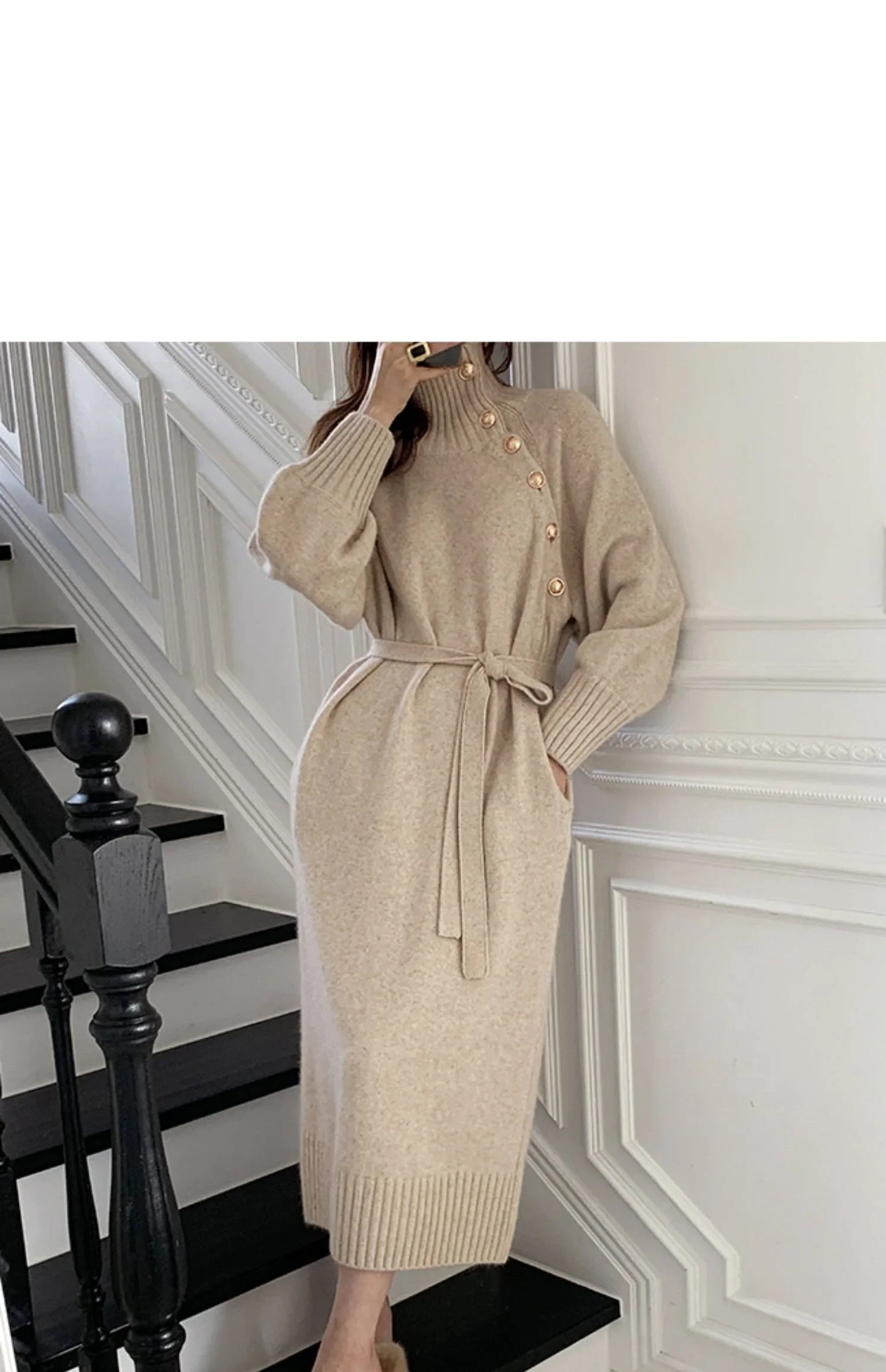 Winter Turtleneck Buttons Women Knitted Dress Elegant Full Sleeve Lace-up Female Thicken Long Dress for Sweater Autumn New - Seprincess