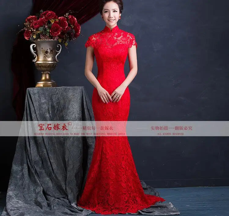 Chinese Cheongsam Women Wedding Dress Summer Lace Open back Trailing Vintage Red Chipao - Seprincess