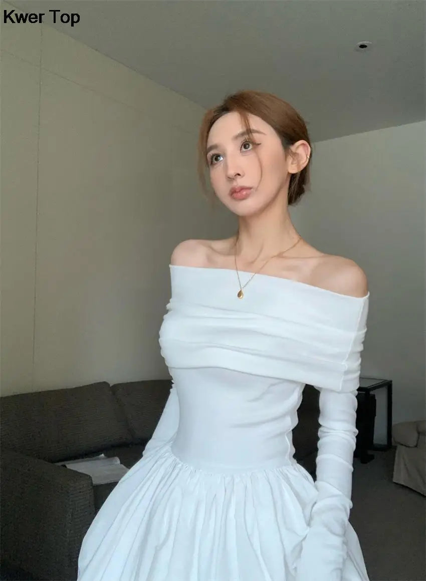 Y2k Fashion Evening Party Maxi White Dress Women Korean Off Shoulder Long Sleeve Birthday Robe Autumn Streetwear Corset Clothes - Seprincess