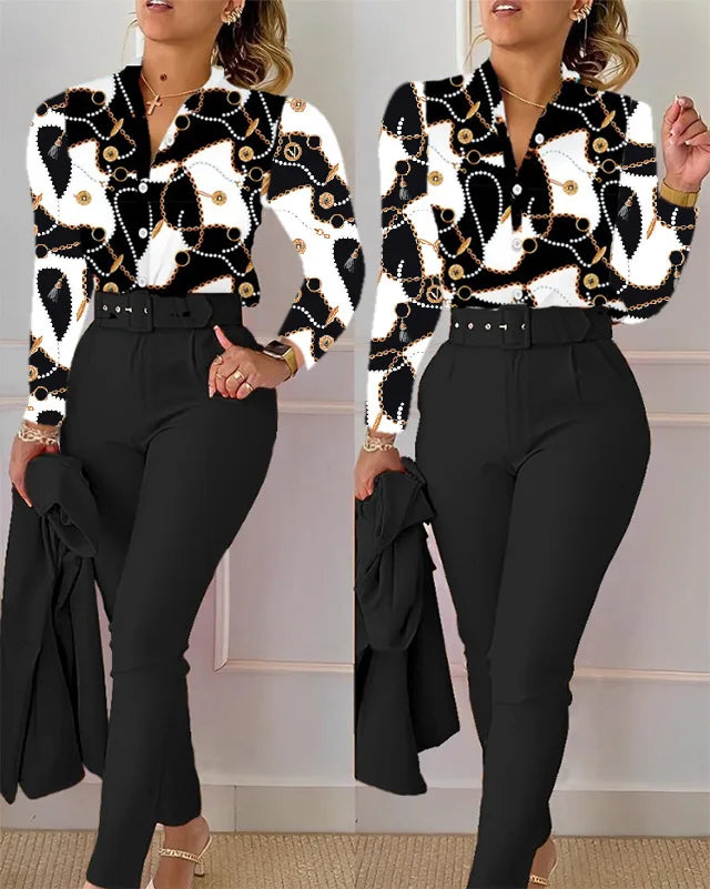 Elegant Women Shirt Two Piece Set Suits Fall New Fashion Print Long Sleeve Top Black Pants Set With Belt Blouses Female Clothing - Seprincess