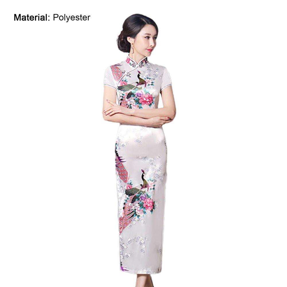 Chinese Style Qipao Satin Cheongsam Floral Embroidery Classic Wedding Evening Party Dress High Split Silky Plant Lady Dress - Seprincess