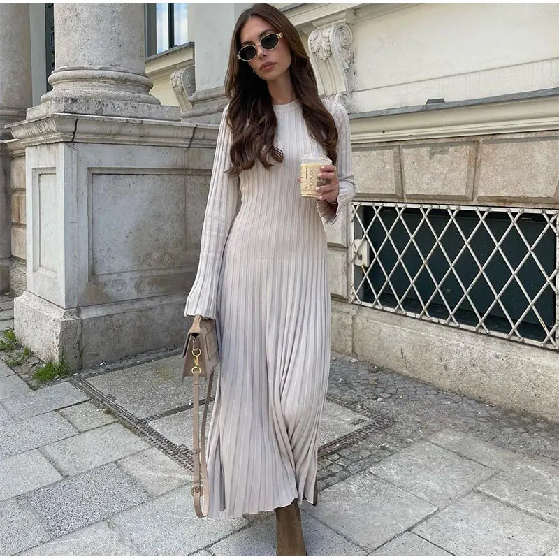 Women Elegant Solid Pleated Knitted Maxi Dress Casual Round Neck Long Sleeve Lace Up Dresses 2024 Autumn Lady High Street Robes - Seprincess