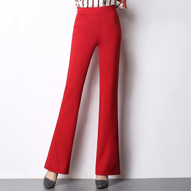 New Women's Autumn Spring Tight Flare Pants Red High Waist  Blue Elastic Band Trousers Fashion Casual Stretch Pants 6XL