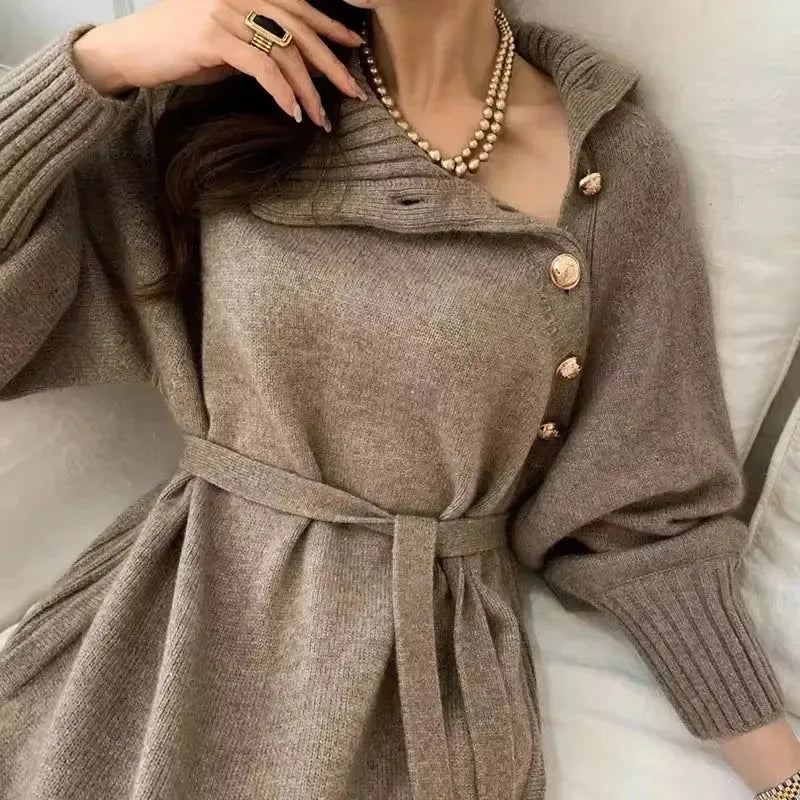 BTQWFD Turtleneck Sweaters Long Sleeves Dresses for Women Party Pullovers 2024 New Autumn Winter Button Skirts Female Clothing - Seprincess