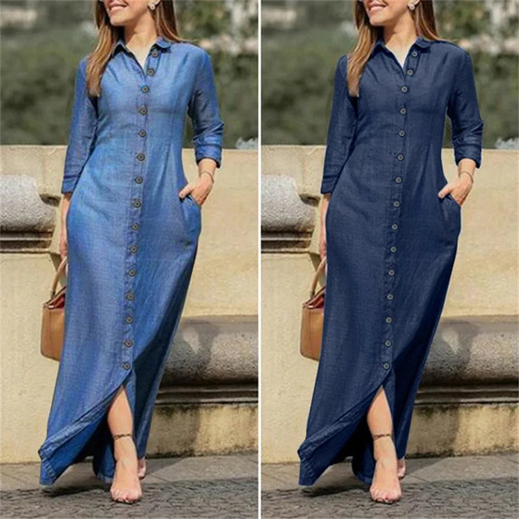 2023 Autumn Elegant Women's Denim Dress Long Sleeve Buttons Shirt Long Dress Female Fashion New Elegant Casual Ladies Clothes - Seprincess