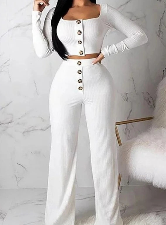 Two Piece Set Women Outfit 2023 Spring Fashion Square Neck Long Sleeve Casual Short Cardigan Top & Buttoned Casual Pants Suit - Seprincess