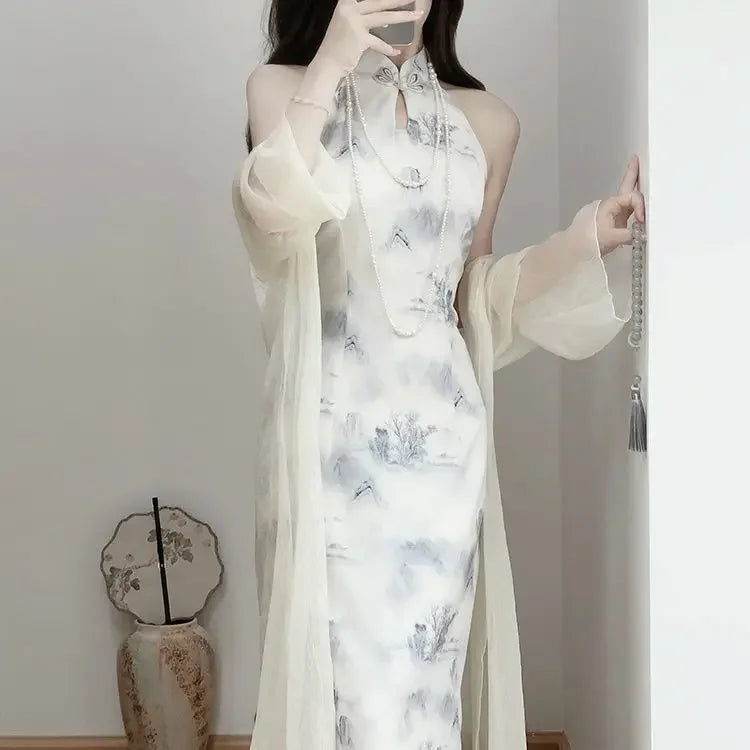 Modern Chinese Style Qipao 2024 New Improved Summer Youth New Hanging Neck Cheongsam Girl Elegant Long Dress With Shawl Women - Seprincess