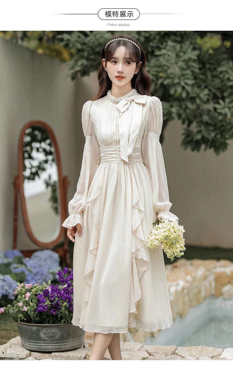 Autumn Chiffon Midi Dresses for Women O-neck Bow Flare Sleeve High Waist Ruffles A-line Princess Party Dress Vestidos Mujer New - Seprincess