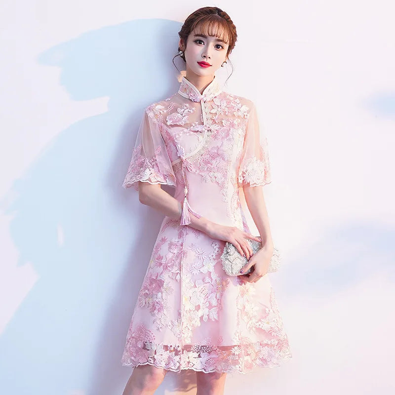 Pink Lace Embroidery A-Line Banquet Dresses Vintage Mandarin Collar Chinese Gown Cheongsam Skirt Wedding Party Dress Vestidos - Seprincess