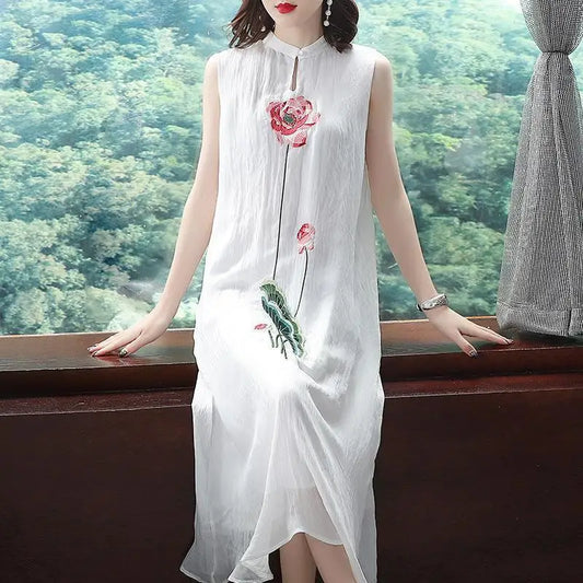 1pcs/lot chinese style woman Embroidered Cheongsam Sleeveless Vest Chiffon Dress Woman Dress print dress - Seprincess