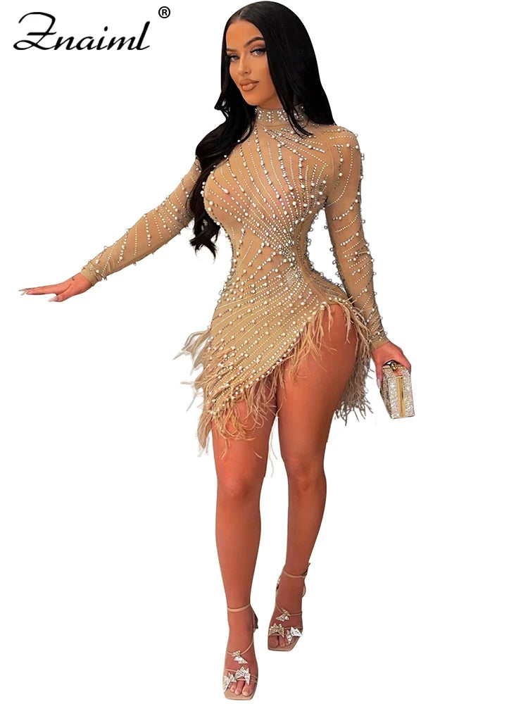 Znaiml Luxury 2023 Evening Celebrity Feathers Sheer Mesh Short Dresses for Women Sexy Pearls Rhinestones Party Birthday Vestidos - Seprincess