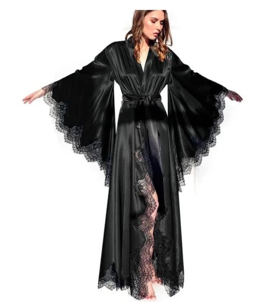 Women Robes Sleepwear Kimono Pajamas Pure Long Black Silk Satin Lace Trim Photography Dress Wedding Bride Gown Photo Shoot - Seprincess