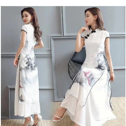 1pcs/lot Summer Elegant Slim Women Painting Cheongsam White Dress Qipao Chiffon Vintage Chinese Style Dress - Seprincess