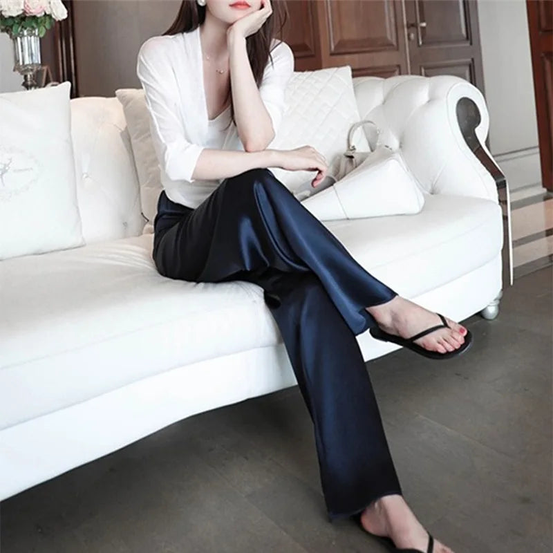 Summer Silk Satin Wide Leg Pants Thin Women Spring Office Straight Suit Trousers Classic Baggy Elegant High Waist Straight Pants