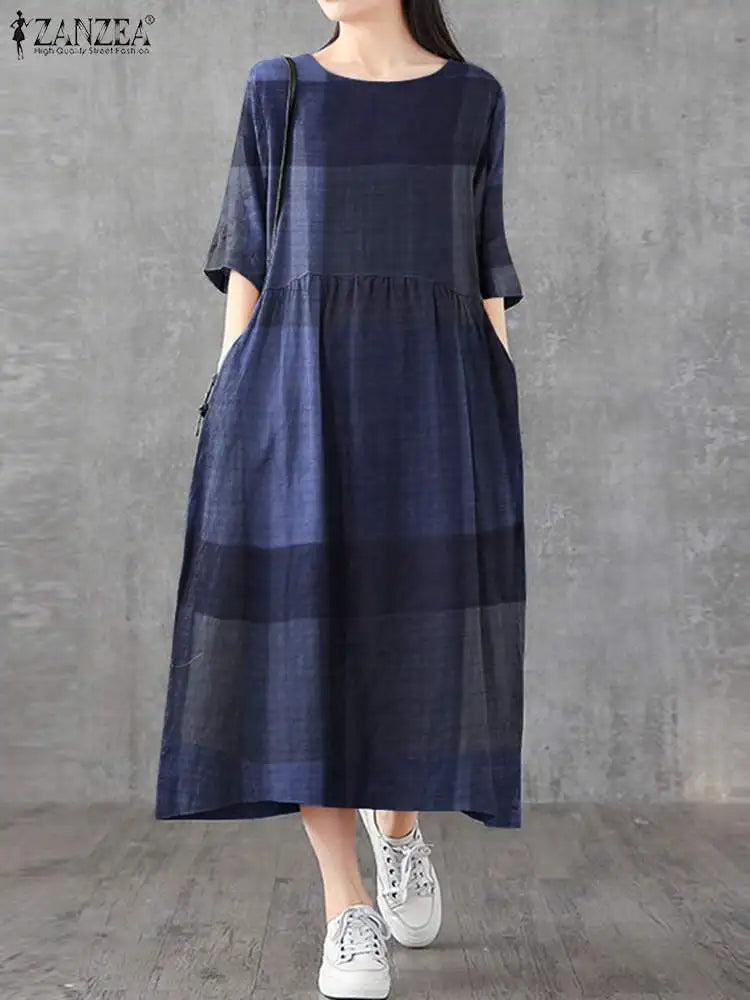 ZANZEA Women Cotton Linen Dresses Vintage Plaid Half Sleeve Midi Vestidos Casual O-neck Long Sundress 2023 Holiday Pocket Robes - Seprincess