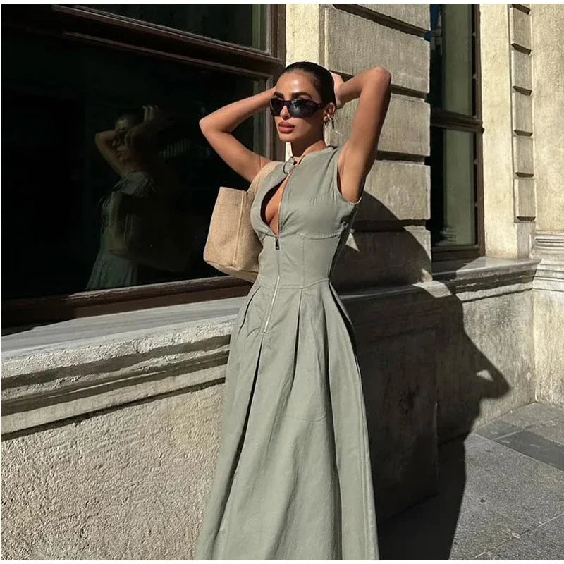 Fashion Sleeveless Spliced Zipper Maxi Dress Elegant V-neck High Waist Slim Pleated Long Dresses Summer Office Lady Street Robes - Seprincess