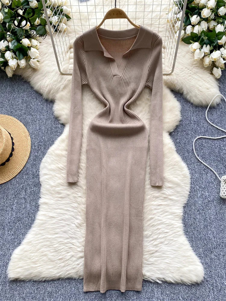 SINGREINY French Vintage Sweater Dress 2024 Ladies Lapel Long Sleeves Autumn Fashion Solid Basics Bodycon Knitted Long Dress - Seprincess